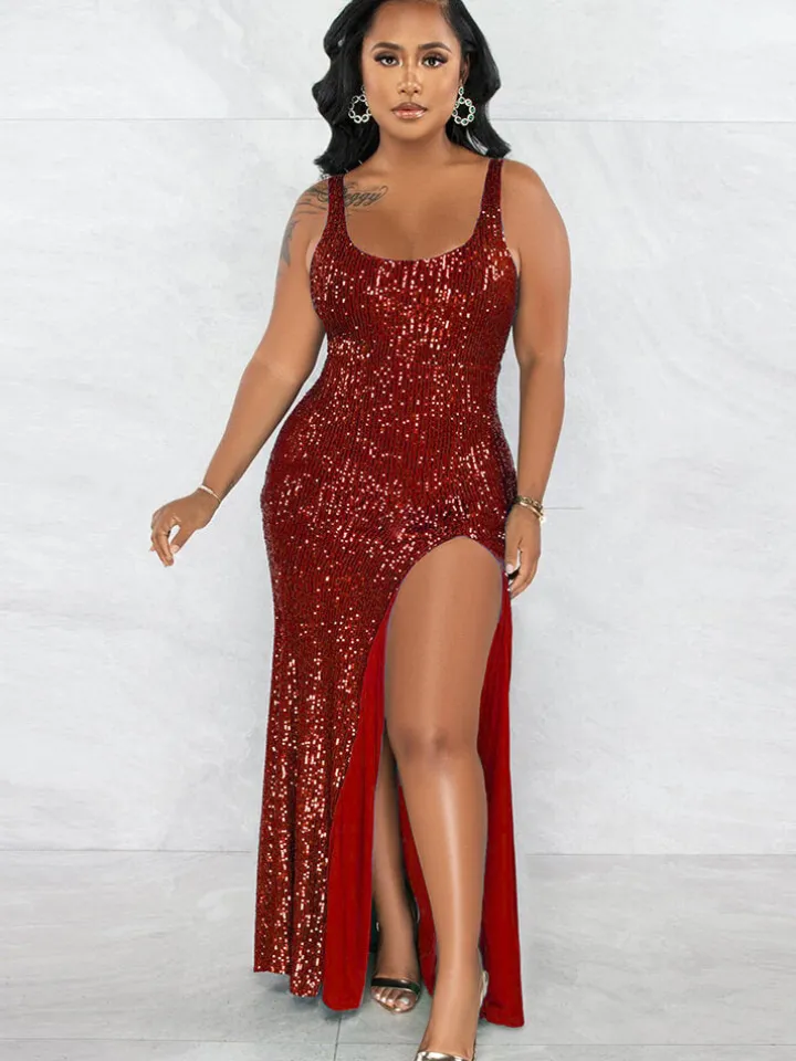 Sequin Sleevelesss Split Bodycon Maxi Dress