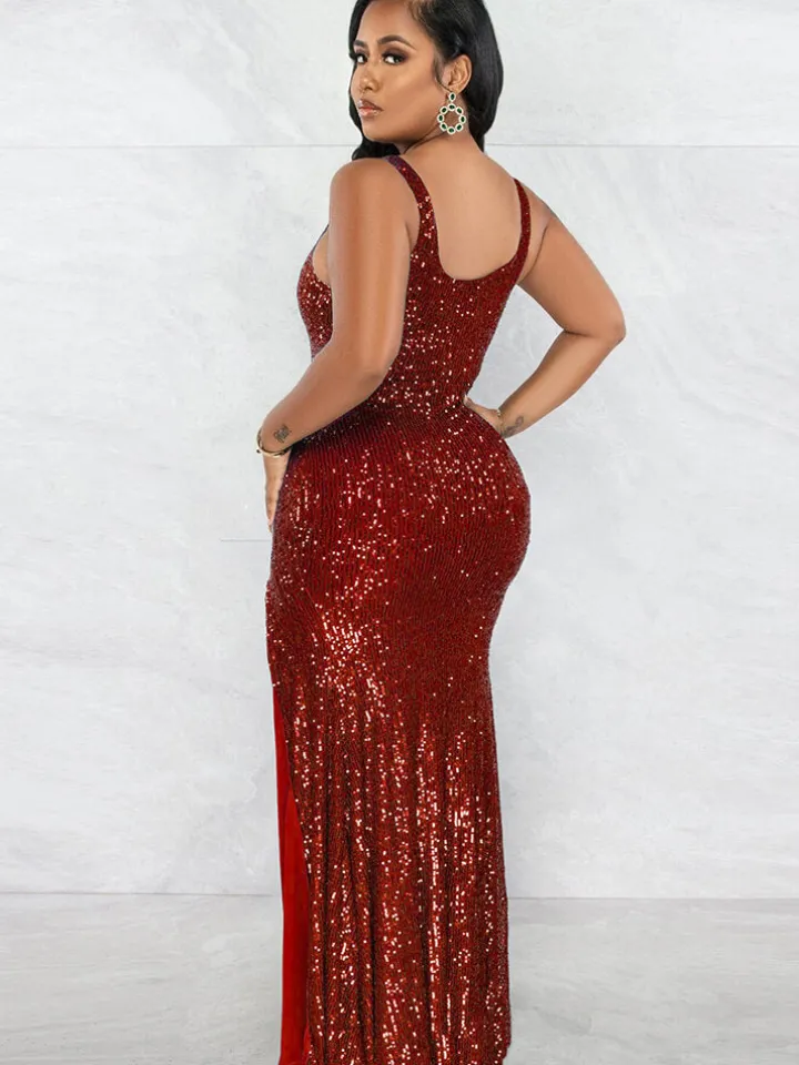 Sequin Sleevelesss Split Bodycon Maxi Dress