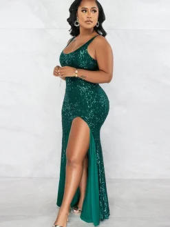 Sequin Sleevelesss Split Bodycon Maxi Dress
