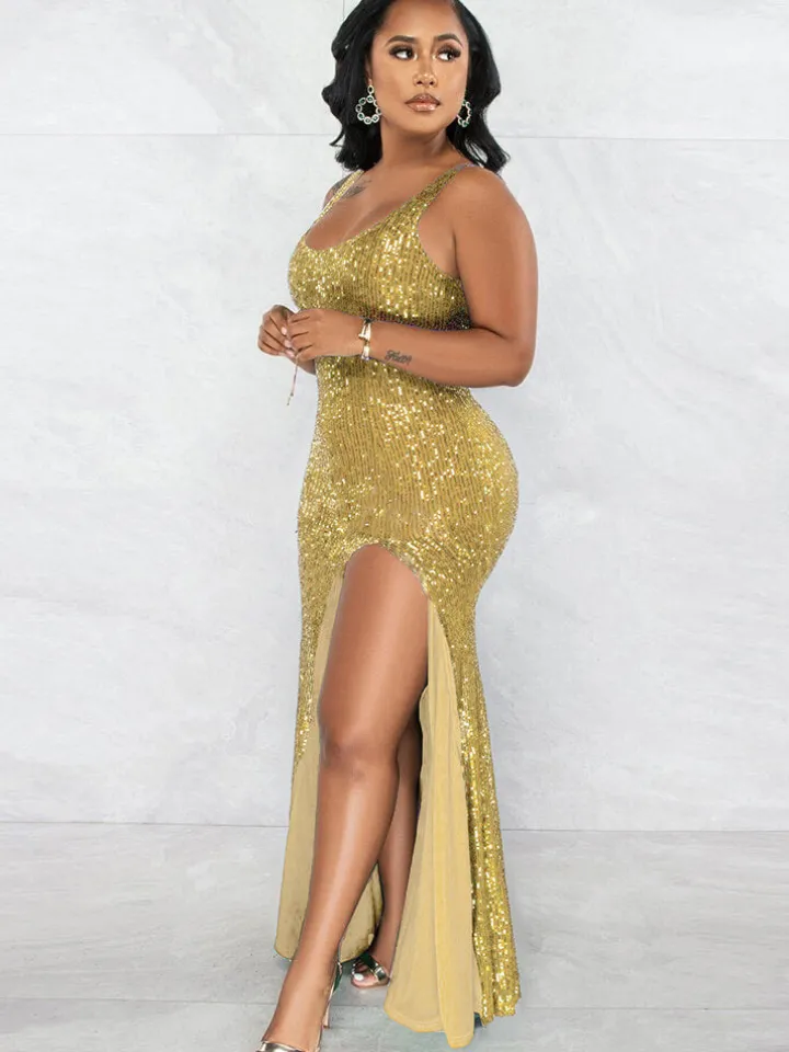 Sequin Sleevelesss Split Bodycon Maxi Dress