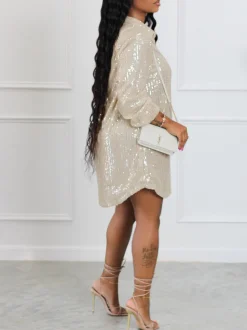 Sequins Long Sleeve Shirts Mini Dress