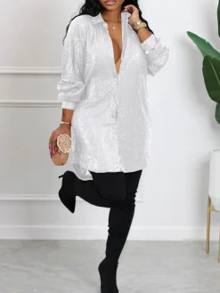 Sequins Long Sleeve Shirts Mini Dress