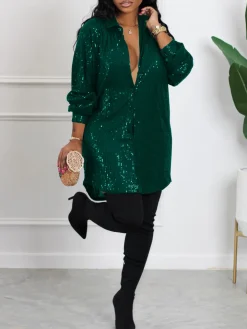 Sequins Long Sleeve Shirts Mini Dress