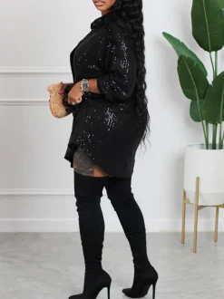 Sequins Long Sleeve Shirts Mini Dress