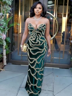 Sequins Strapless Velvet Maxi Dress