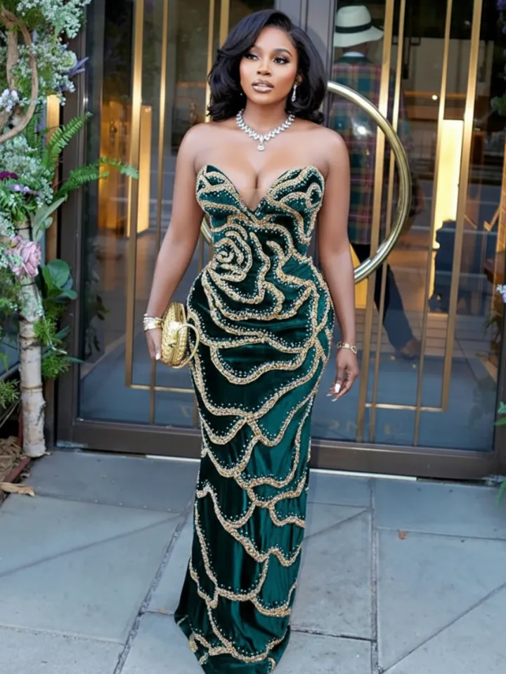 Sequins Strapless Velvet Maxi Dress