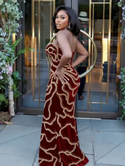 Sequins Strapless Velvet Maxi Dress