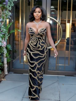 Sequins Strapless Velvet Maxi Dress