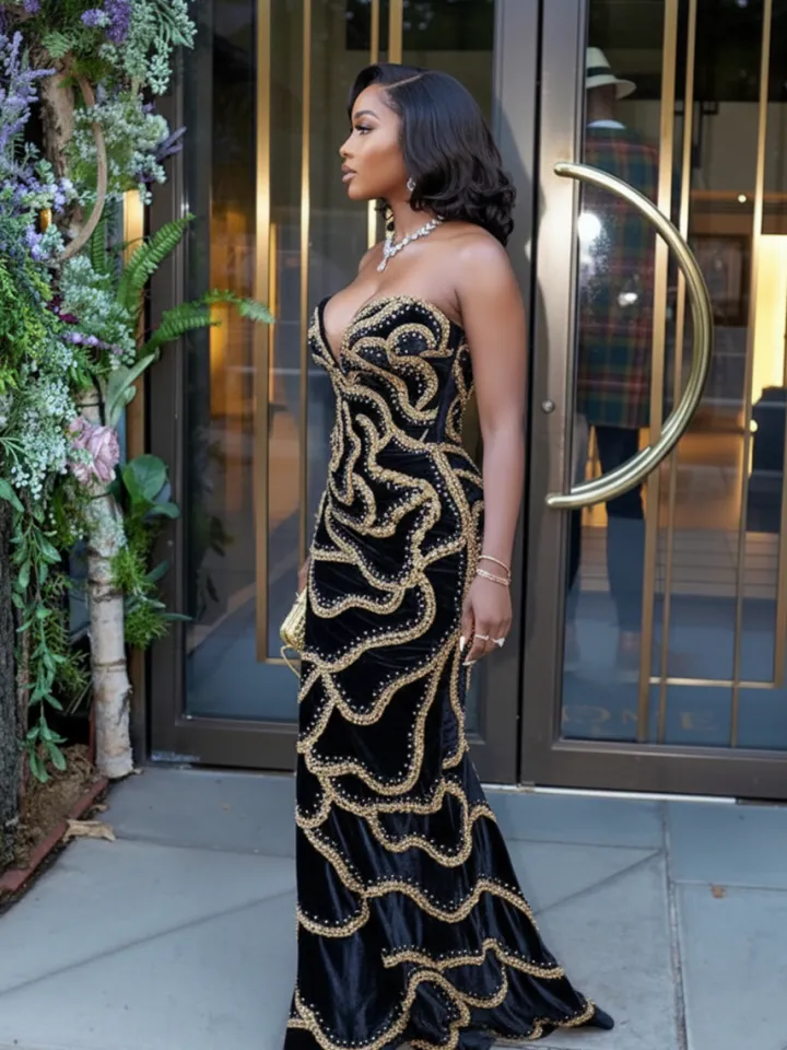 Sequins Strapless Velvet Maxi Dress