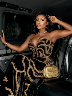 Sequins Strapless Velvet Maxi Dress