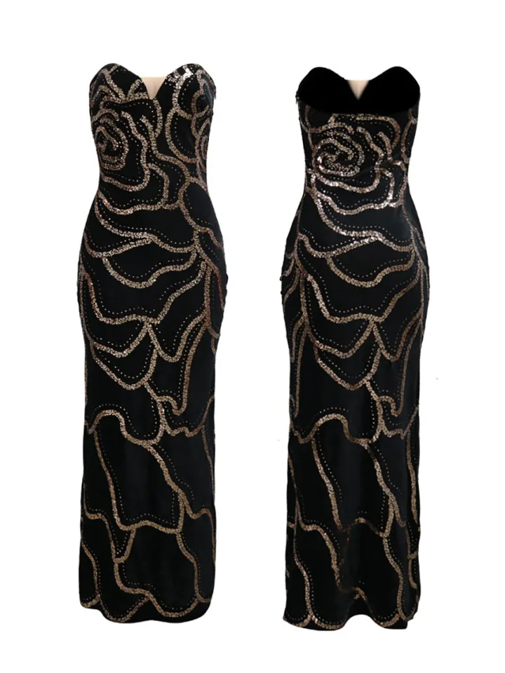 Sequins Strapless Velvet Maxi Dress