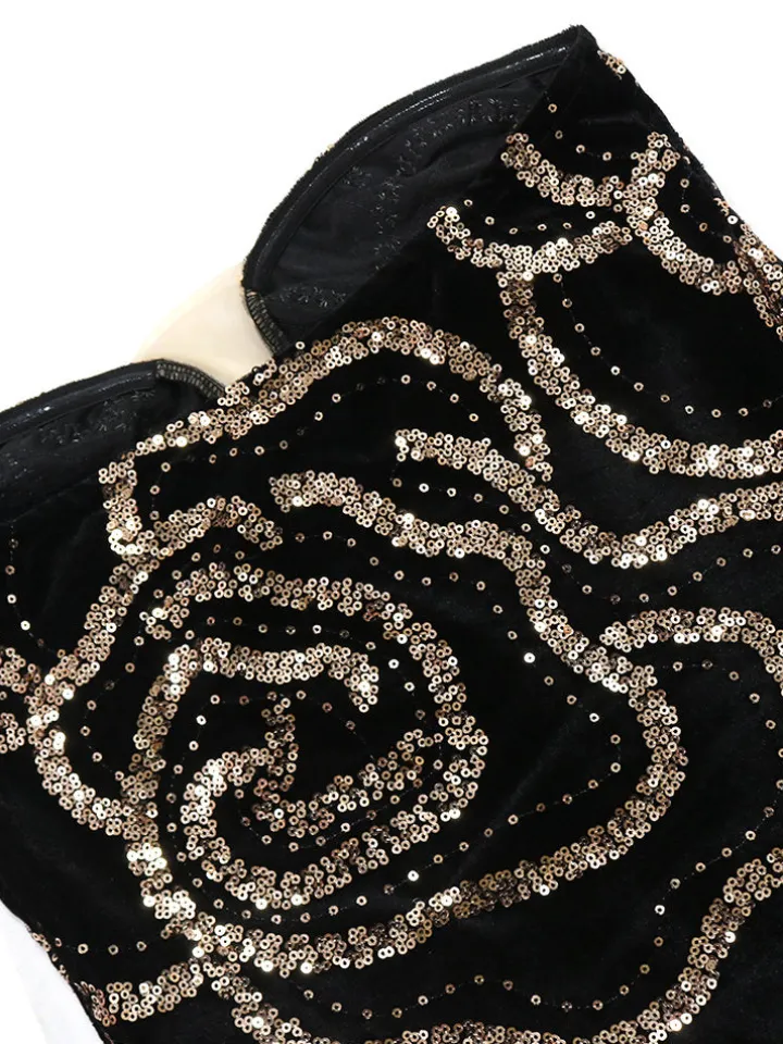 Sequins Strapless Velvet Maxi Dress