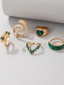 Serpent Imitation Emeralds and Diamonds Ring Set
