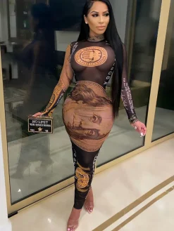 Sheer Mesh See Through Dollar Print Maxi Dress