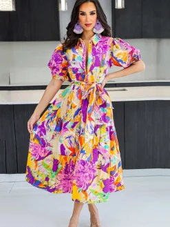 Short Lantern Sleeve Floral Print Midi Dress