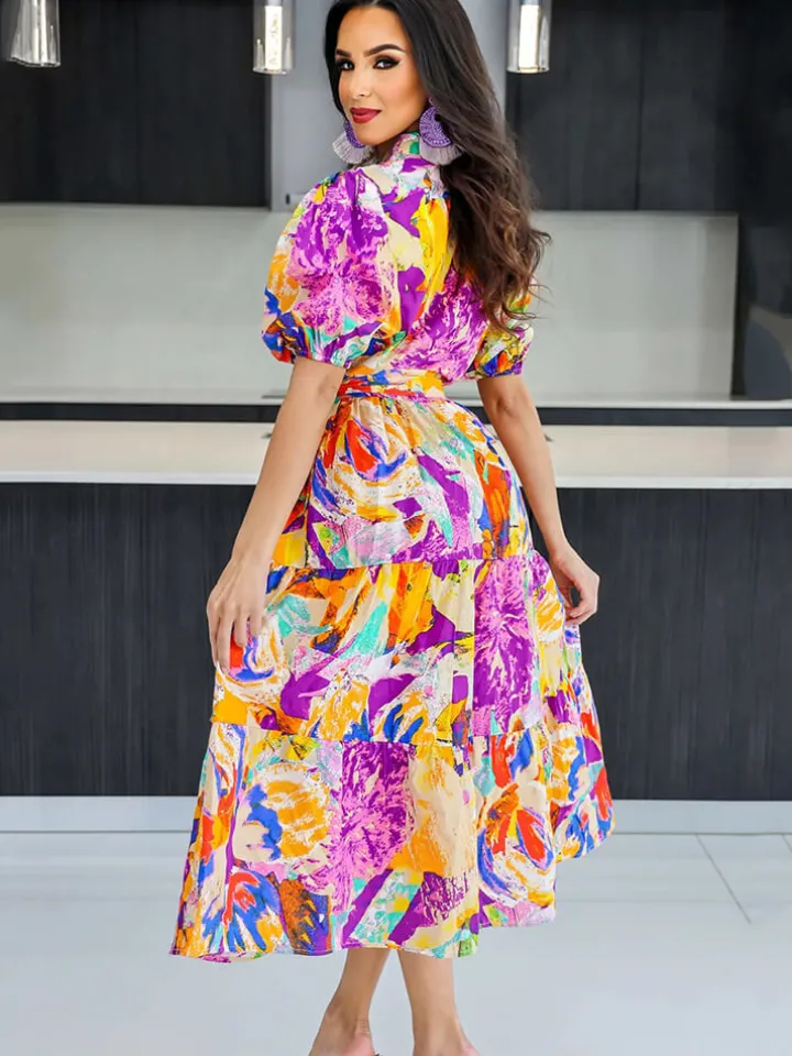 Short Lantern Sleeve Floral Print Midi Dress