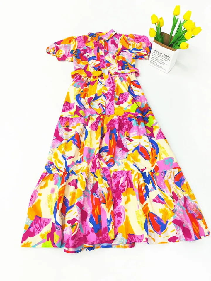 Short Lantern Sleeve Floral Print Midi Dress