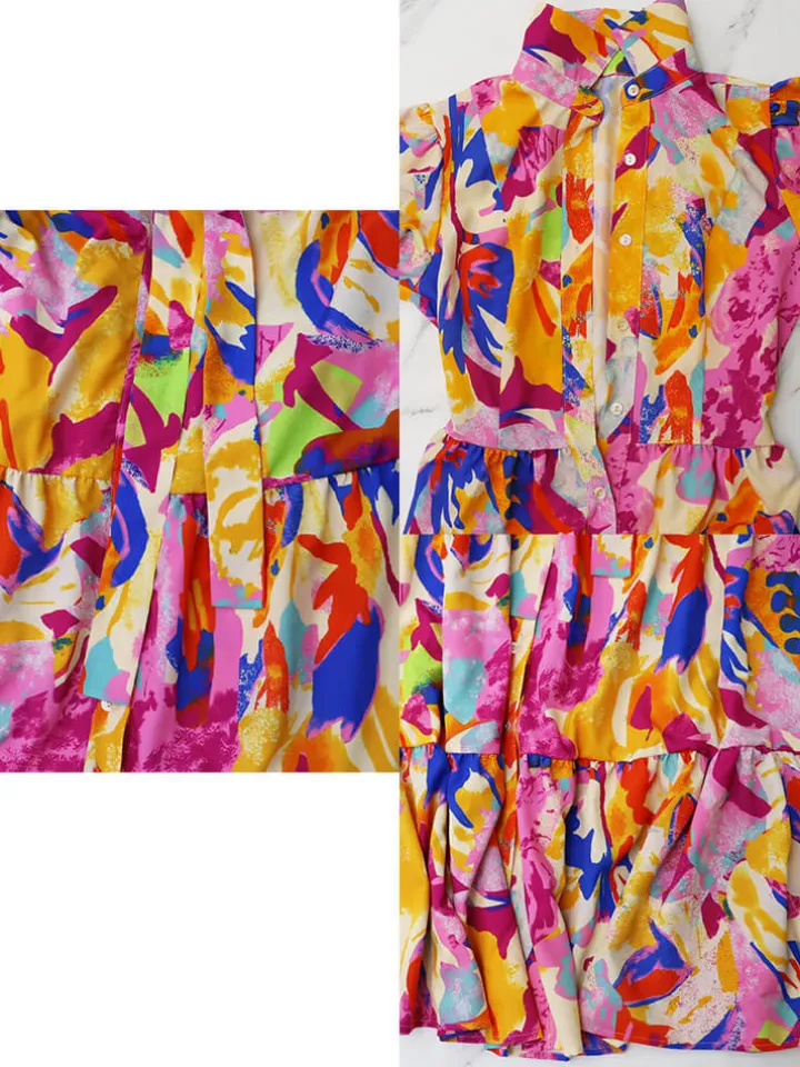 Short Lantern Sleeve Floral Print Midi Dress