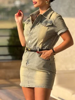 Short Sleeve Button Down Denim Mini Dress