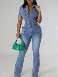 Short Sleeve Button Multi-Pocket Denim Jumpsuit