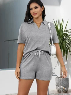 Short Sleeve Collared Drawstring Waist Shorts Sets