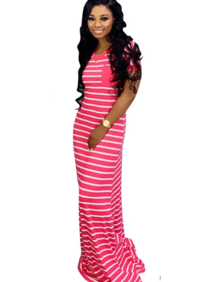 Short Sleeve Crew Neck Stripe Pocket Maxi Dress