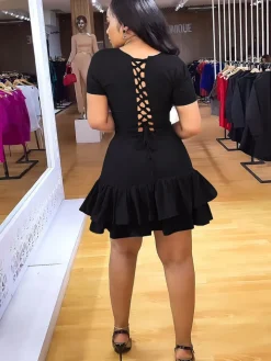 Short Sleeve Criss Cross Ruffle Mini Dress