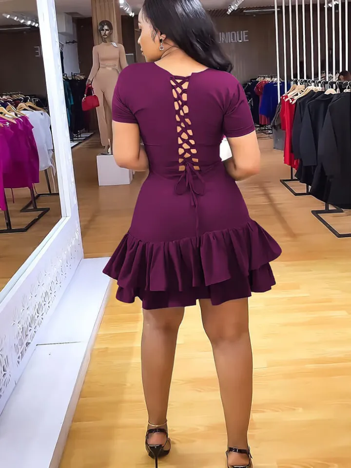 Short Sleeve Criss Cross Ruffle Mini Dress