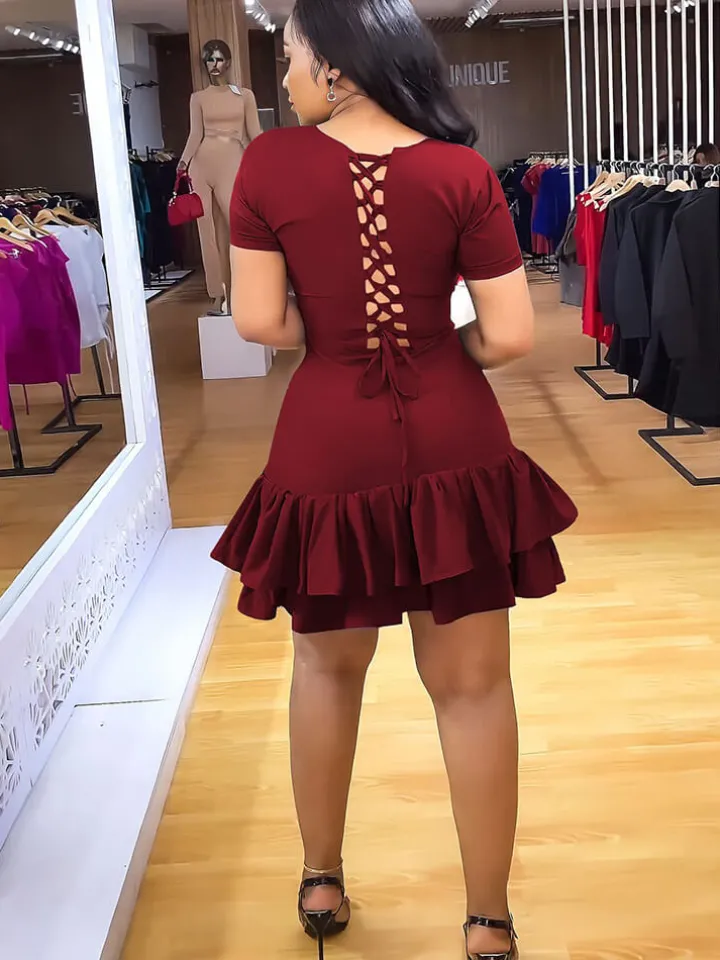 Short Sleeve Criss Cross Ruffle Mini Dress