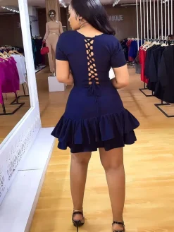 Short Sleeve Criss Cross Ruffle Mini Dress