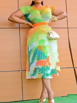 Short Sleeve Floral Print Pleated Skrit Suit