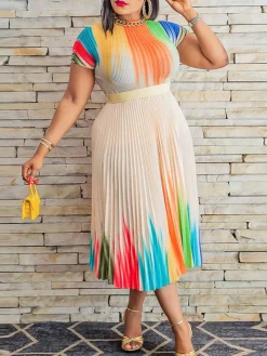 Short Sleeve Floral Print Pleated Skrit Suit