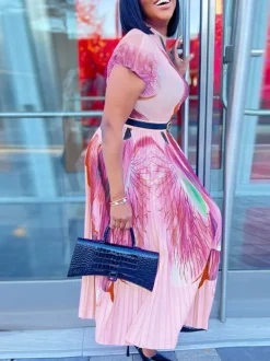 Short Sleeve Floral Print Pleated Skrit Suit