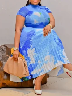 Short Sleeve Floral Print Pleated Skrit Suit