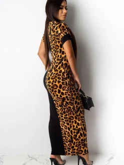 Short Sleeve Leopard Printed Patchwork Maxi Dress