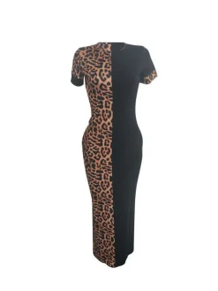 Short Sleeve Leopard Printed Patchwork Maxi Dress