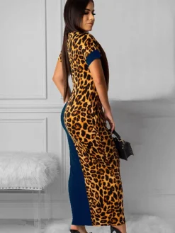 Short Sleeve Leopard Printed Patchwork Maxi Dress
