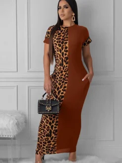 Short Sleeve Leopard Printed Patchwork Maxi Dress