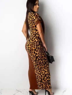 Short Sleeve Leopard Printed Patchwork Maxi Dress
