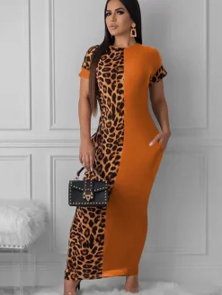 Short Sleeve Leopard Printed Patchwork Maxi Dress
