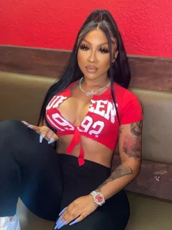 Short Sleeve Letter Print Lace Up Top