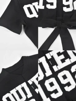 Short Sleeve Letter Print Lace Up Top