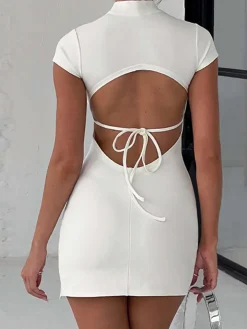 Short Sleeve Mock Neck Backless Mini Dress