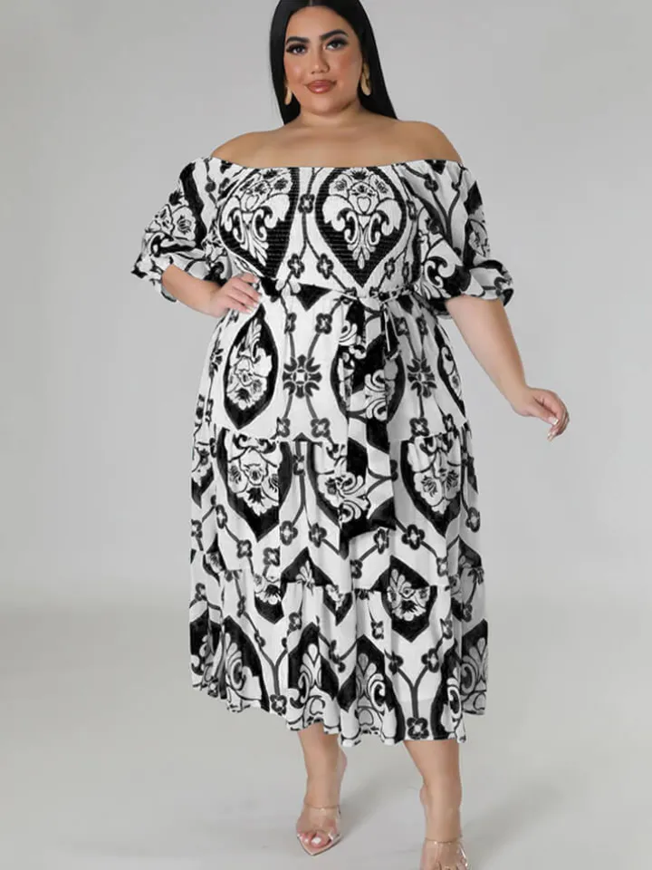 Short Sleeve Off Shoulder Floral Midi Dress