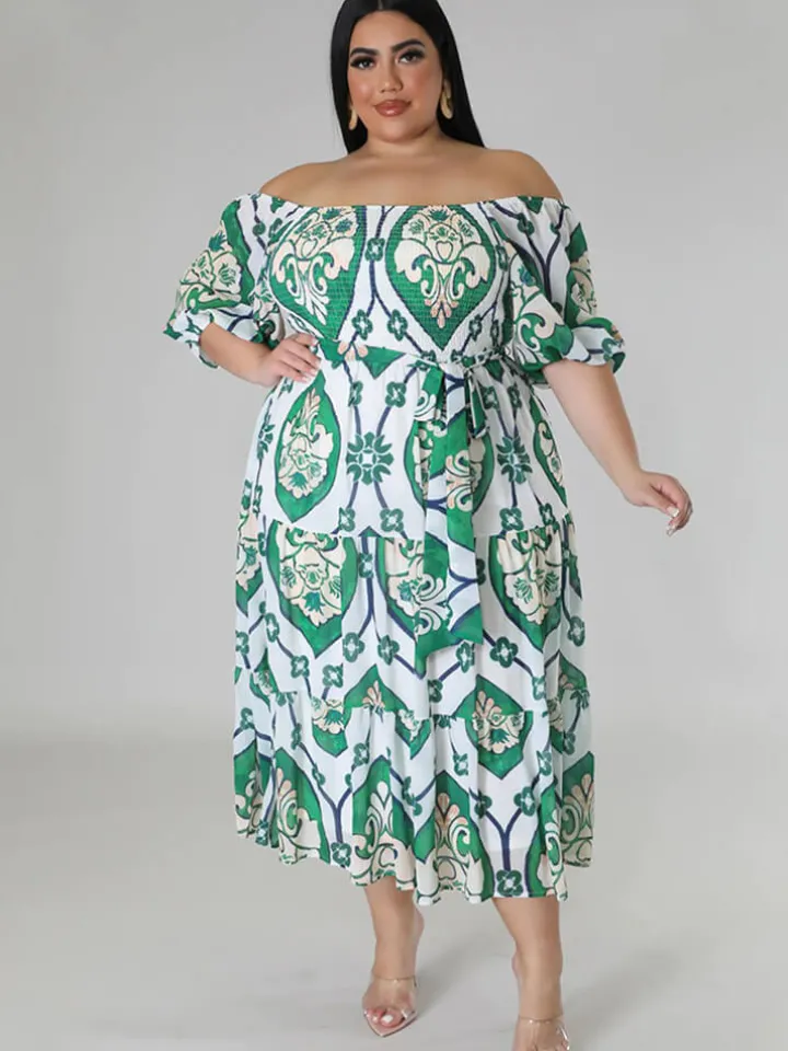 Short Sleeve Off Shoulder Floral Midi Dress