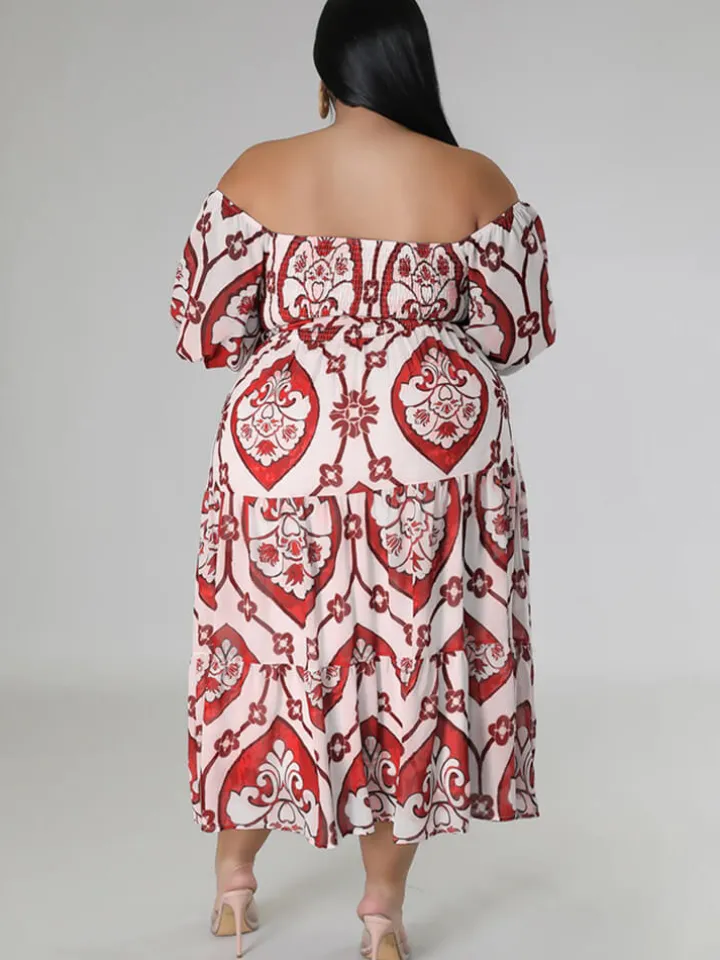 Short Sleeve Off Shoulder Floral Midi Dress