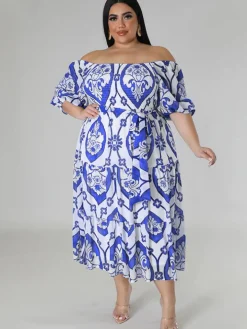 Short Sleeve Off Shoulder Floral Midi Dress