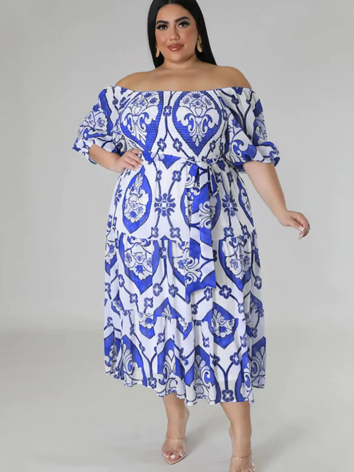 Short Sleeve Off Shoulder Floral Midi Dress