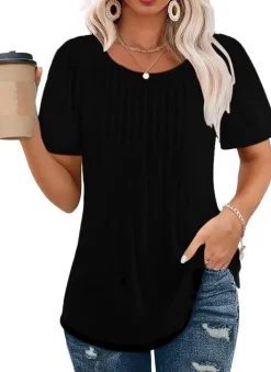 Short Sleeve Pleated Crew Neck Top