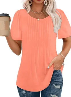Short Sleeve Pleated Crew Neck Top